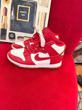 Nike Red and White Dunk Sneakers with Gum Outsole